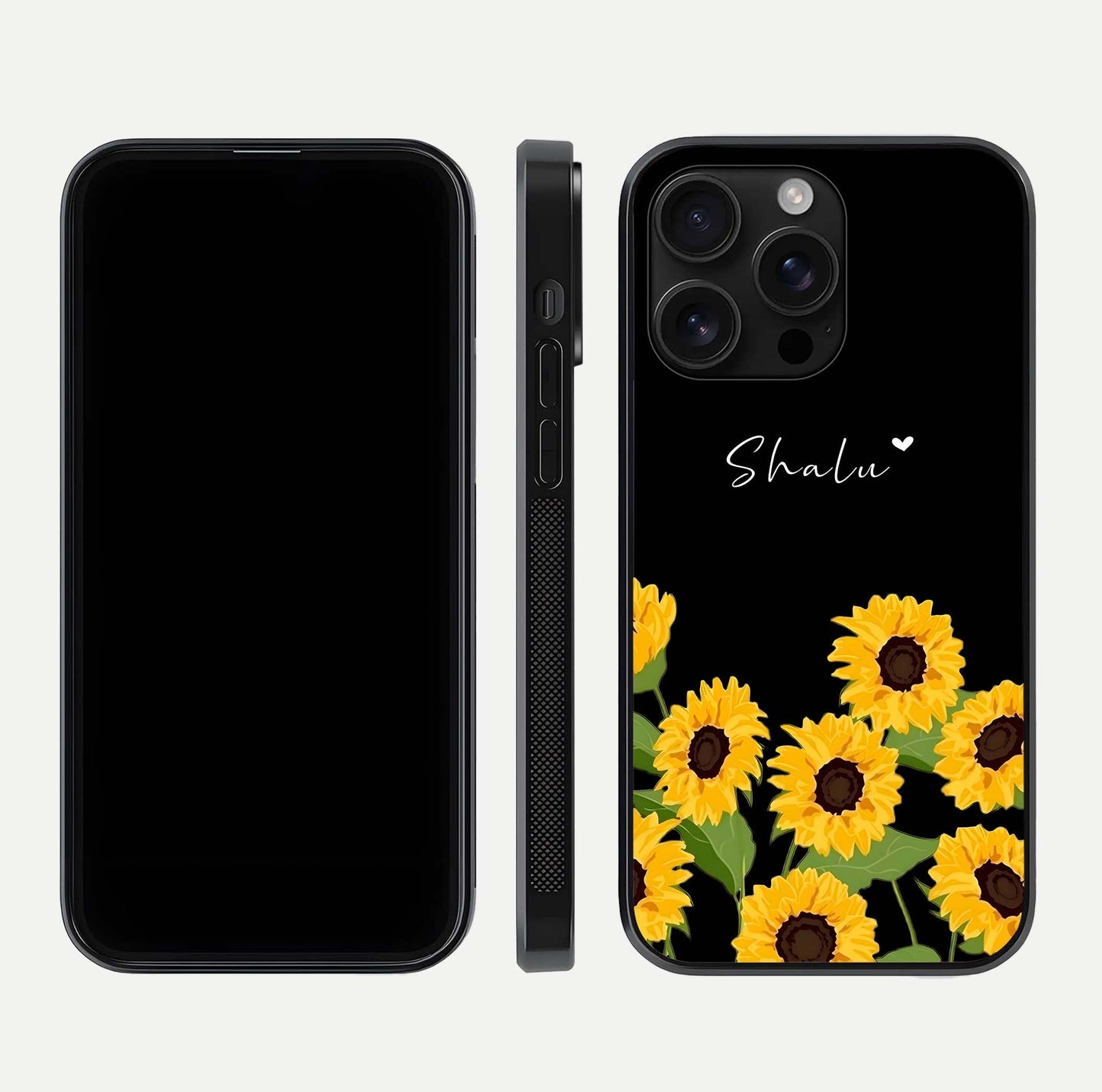 Sunflower Chic Mood Custom Name Glass Case for iPhone 16 Pro Max front & back layout highlighting custom text zone and shine