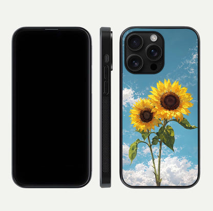 Sunflower Sky Bloom Glass Case for iPhone 16 Pro Max front & back layout showing soft blue tones and flower contrast