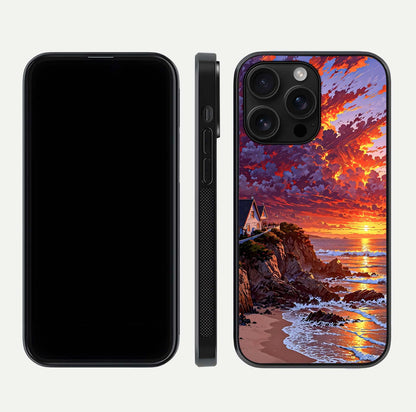 Sunset House by Sea Glass Case for iPhone 16 Pro Max front & back layout showing scenic gradient and curved edge
