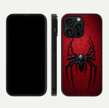 Venom Web Emblem Glass Case for iPhone 16 Pro Max front & back layout showing contrast art and curved glass edges