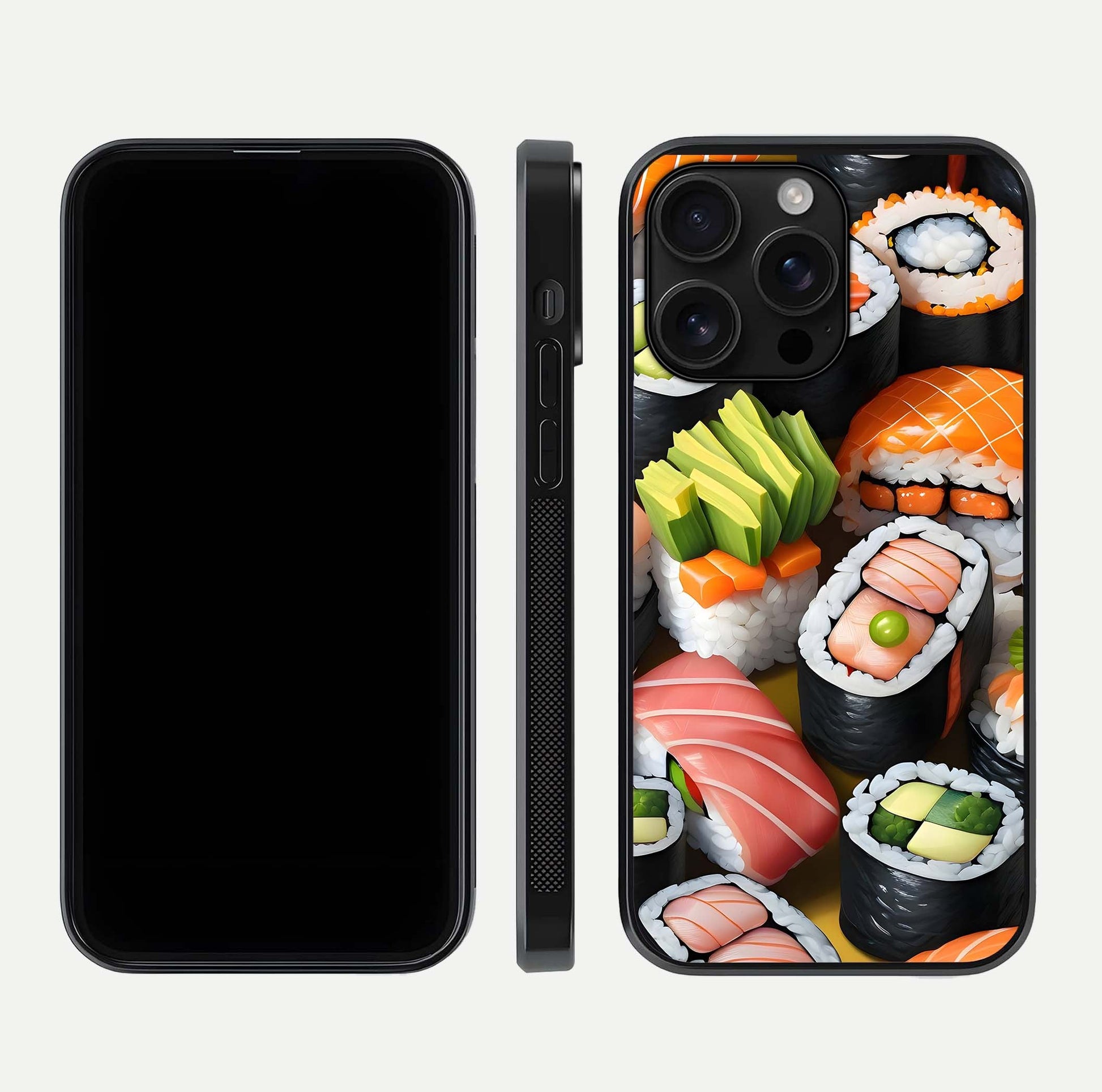 Sushi Food Pattern Glass Case for iPhone 16 Pro Max front & back layout showing playful food theme and clear edges
