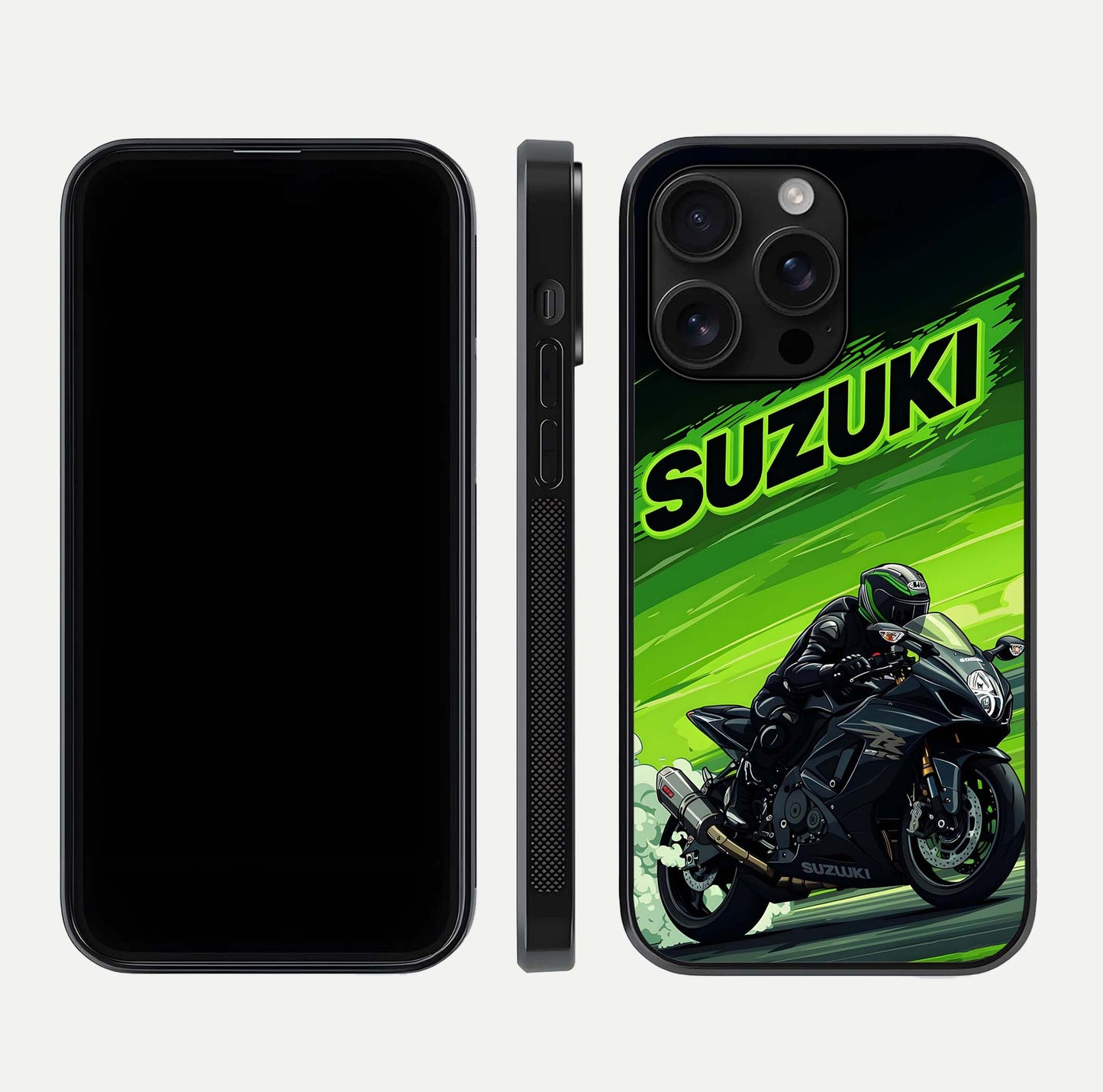 Suzuki Speed Beast Glass Case for iPhone 16 Pro Max front & back layout showing motion blur and sleek edges