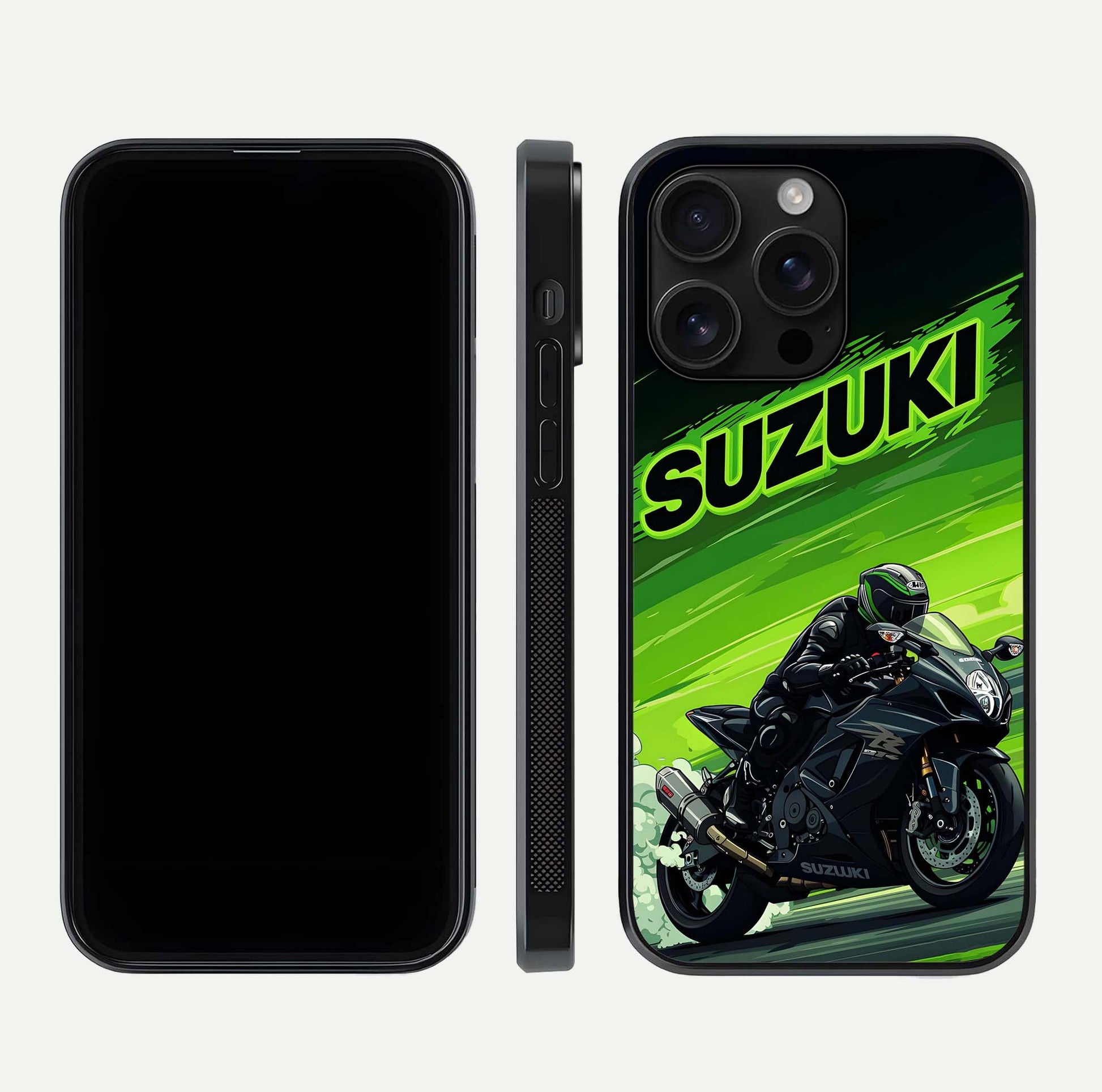 Suzuki Speed Beast Glass Case for iPhone 16 Pro Max front & back layout showing motion blur and sleek edges