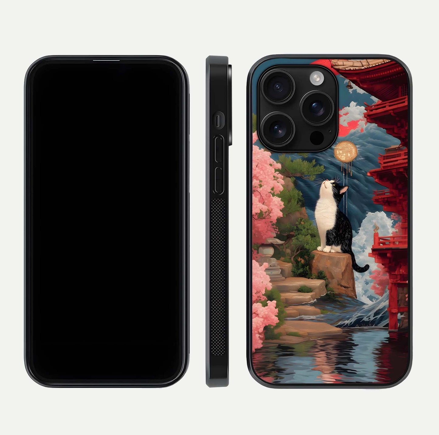 Temple Cat Scenery Glass Case for iPhone 16 Pro Max front & back layout showing scenic print and edge design