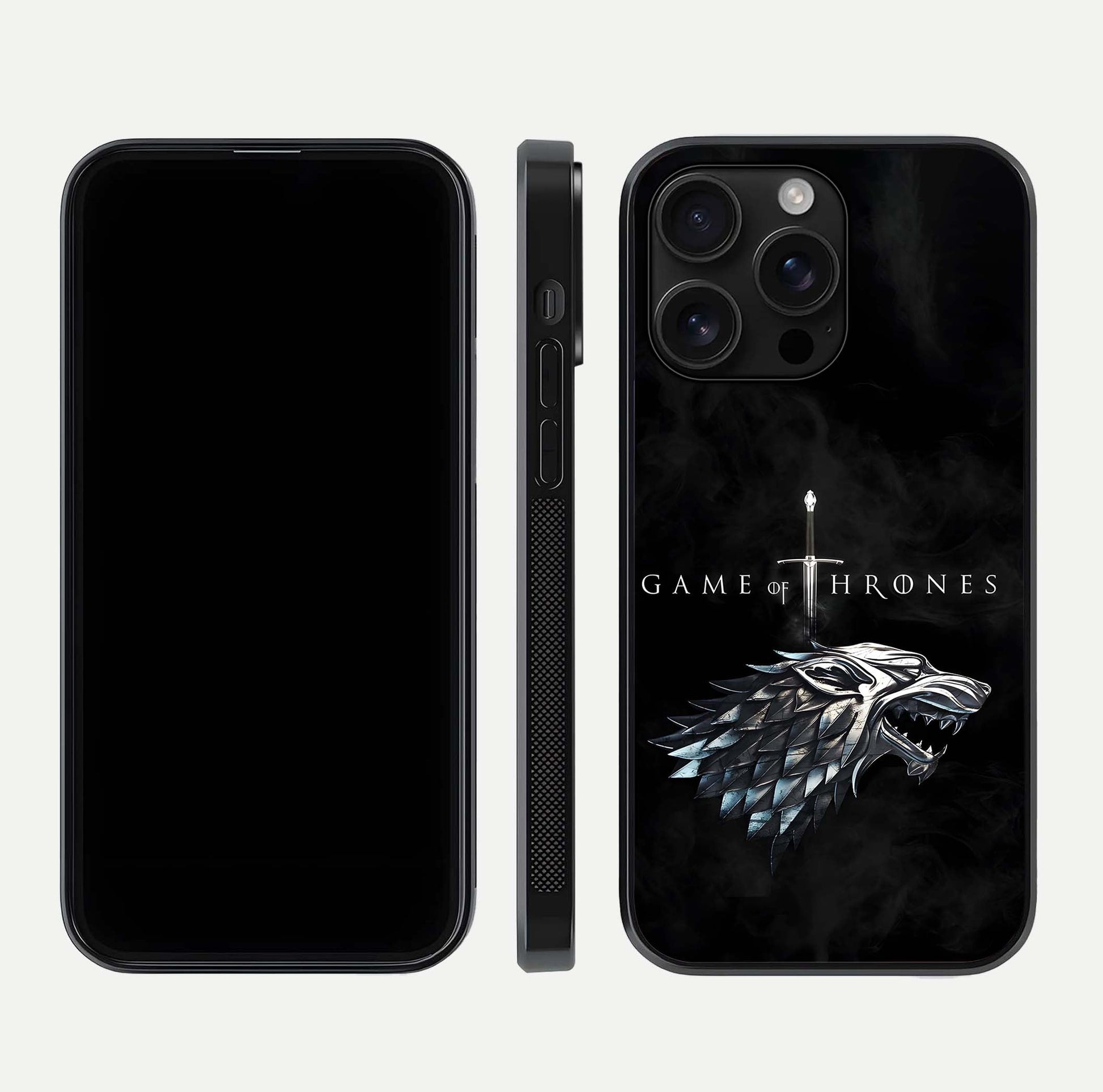 Throne Wolf Legacy Glass Case for iPhone 16 Pro Max front & back layout showing bold pattern and sharp edge