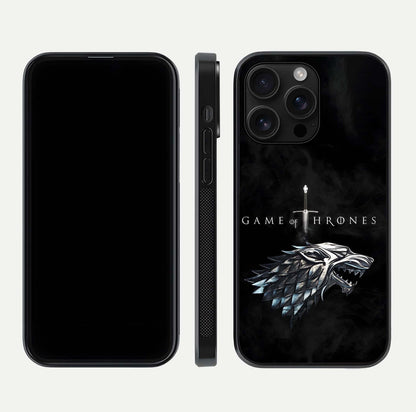 Throne Wolf Legacy Glass Case for iPhone 16 Pro Max front & back layout showing bold pattern and sharp edge
