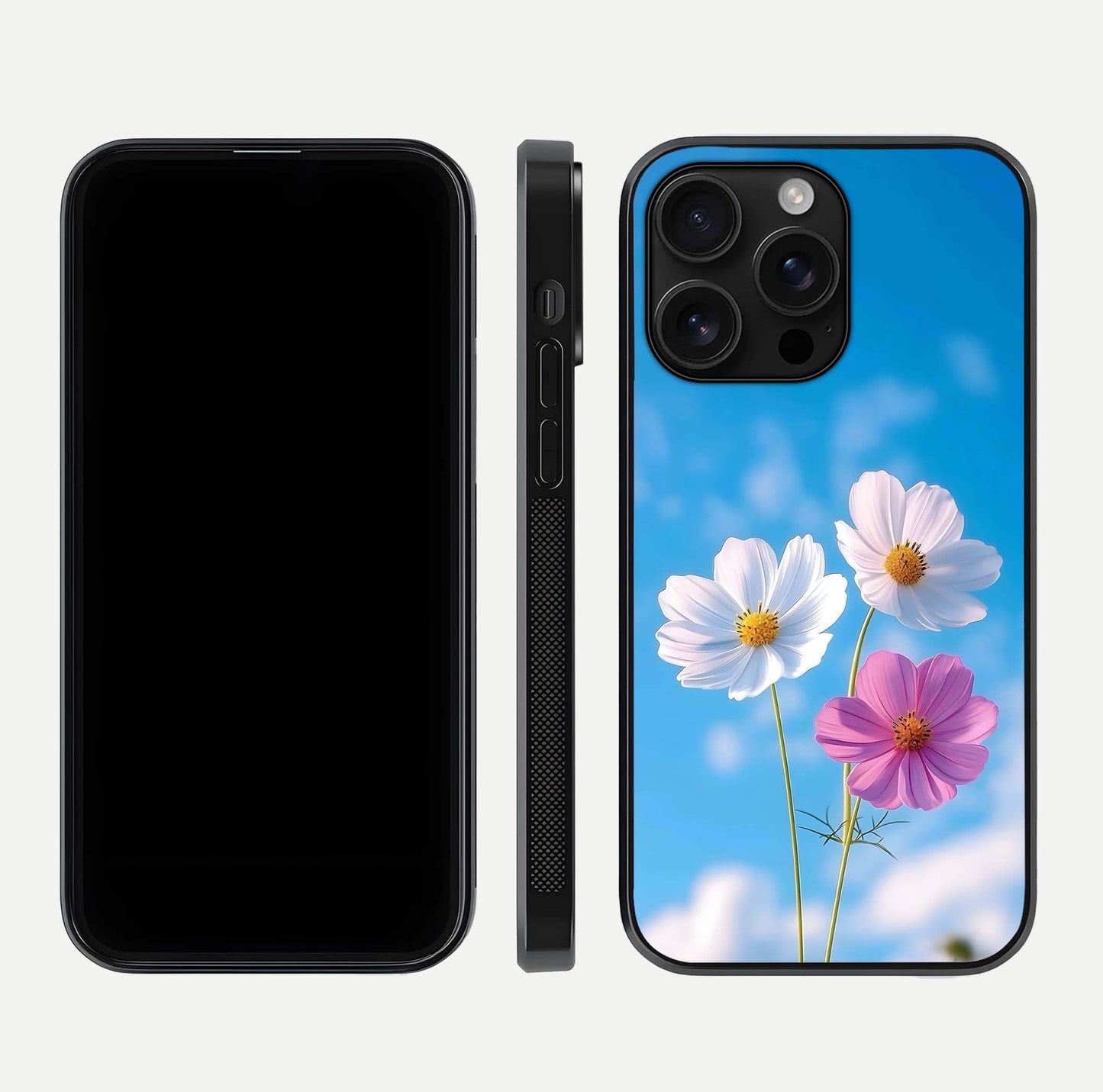 Triple Flowers With Sky Glass Case for iPhone 16 Pro Max front & back layout showing vivid tones and glossy surface