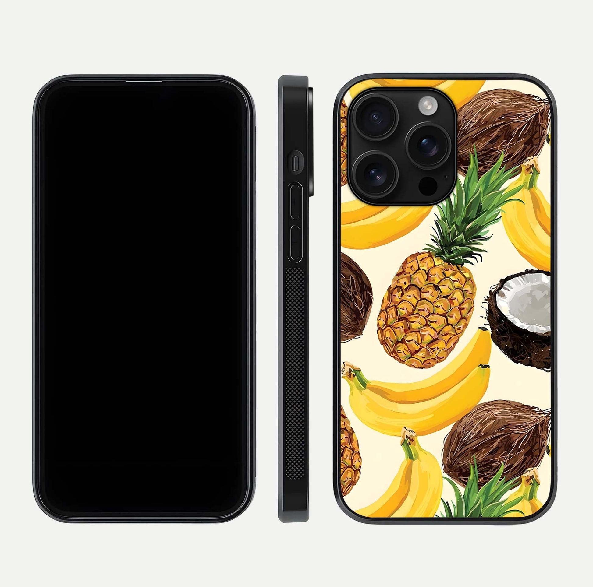 Tropical Fruit Mood Glass Case for iPhone 16 Pro Max front & back layout showing playful tones and clean edge