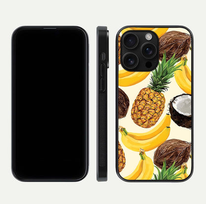 Tropical Fruit Mood Glass Case for iPhone 16 Pro Max front & back layout showing playful tones and clean edge