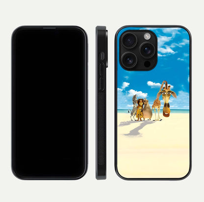 Tropical Fun Squad Glass Case for iPhone 16 Pro Max front & back layout showing fun pattern and smooth edges