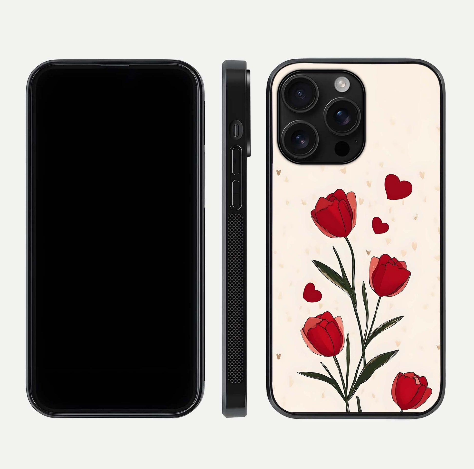 Tulip With Heart Glass Case for iPhone 16 Pro Max front & back layout showing heart motif and elegant gloss finish