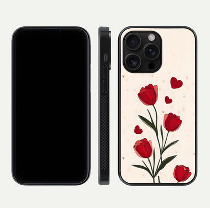 Tulip With Heart Glass Case for iPhone 16 Pro Max front & back layout showing heart motif and elegant gloss finish
