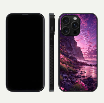 Twilight Blossom Coast Glass Case for iPhone 16 Pro Max front & back layout showing floral tones and curved edge