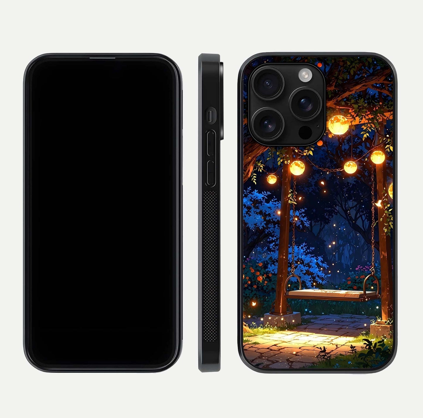 Twilight Garden Swing Glass Case for iPhone 16 Pro Max front & back layout showing garden art and clean edge