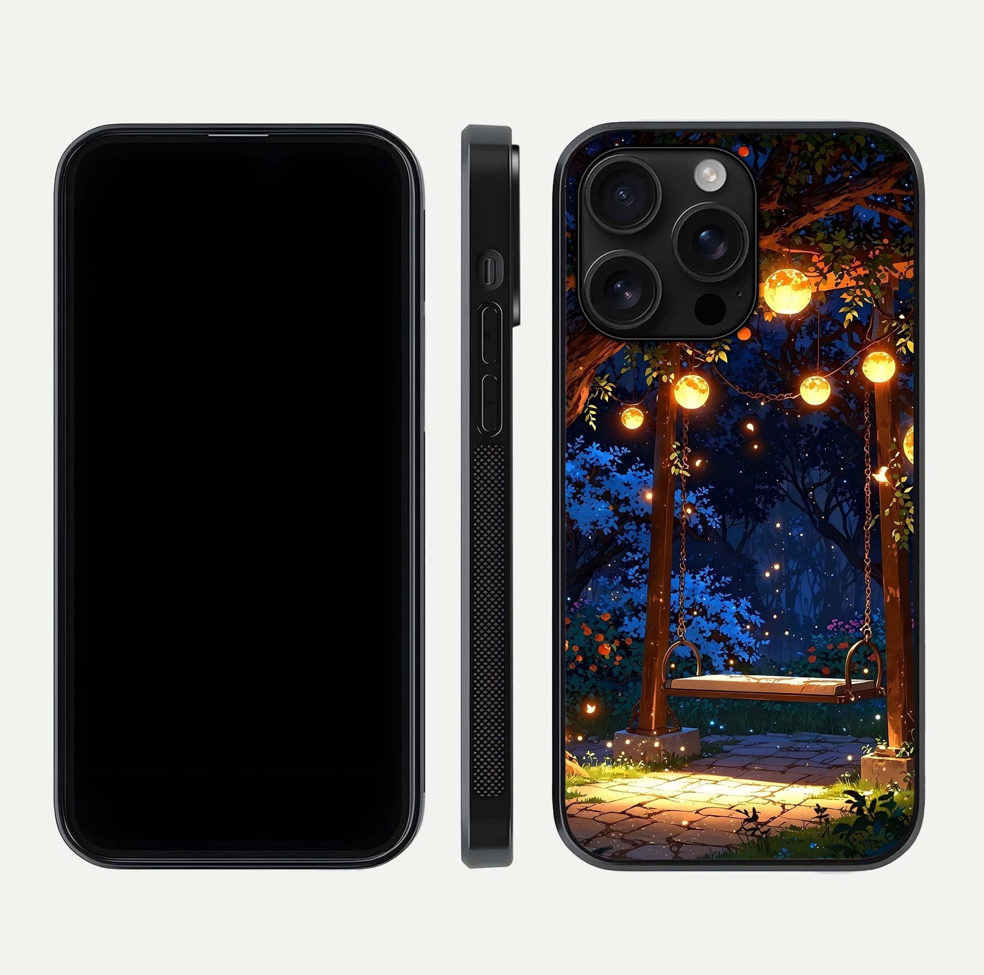 Twilight Garden Swing Glass Case for iPhone 16 Pro Max front & back layout showing garden art and clean edge