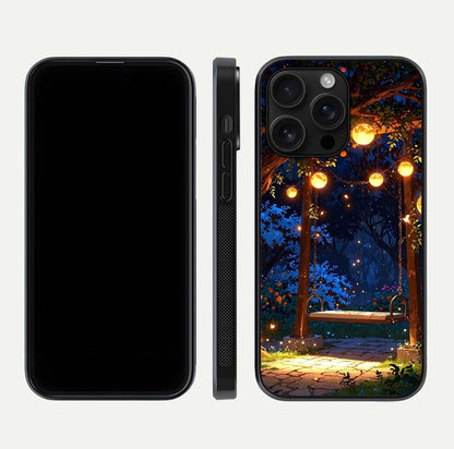 Twilight Garden Swing Glass Case for iPhone 16 Pro Max front & back layout showing garden art and clean edge