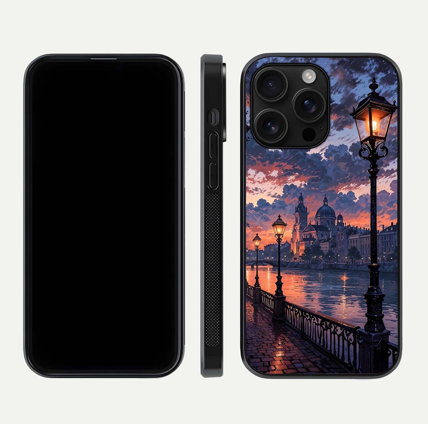 Twilight River Lights Glass Case for iPhone 16 Pro Max front & back layout showing scenic artwork and smooth curved edges