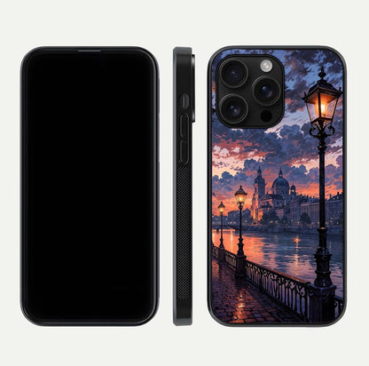 Twilight River Lights Glass Case for iPhone 16 Pro Max front & back layout showing scenic artwork and smooth curved edges