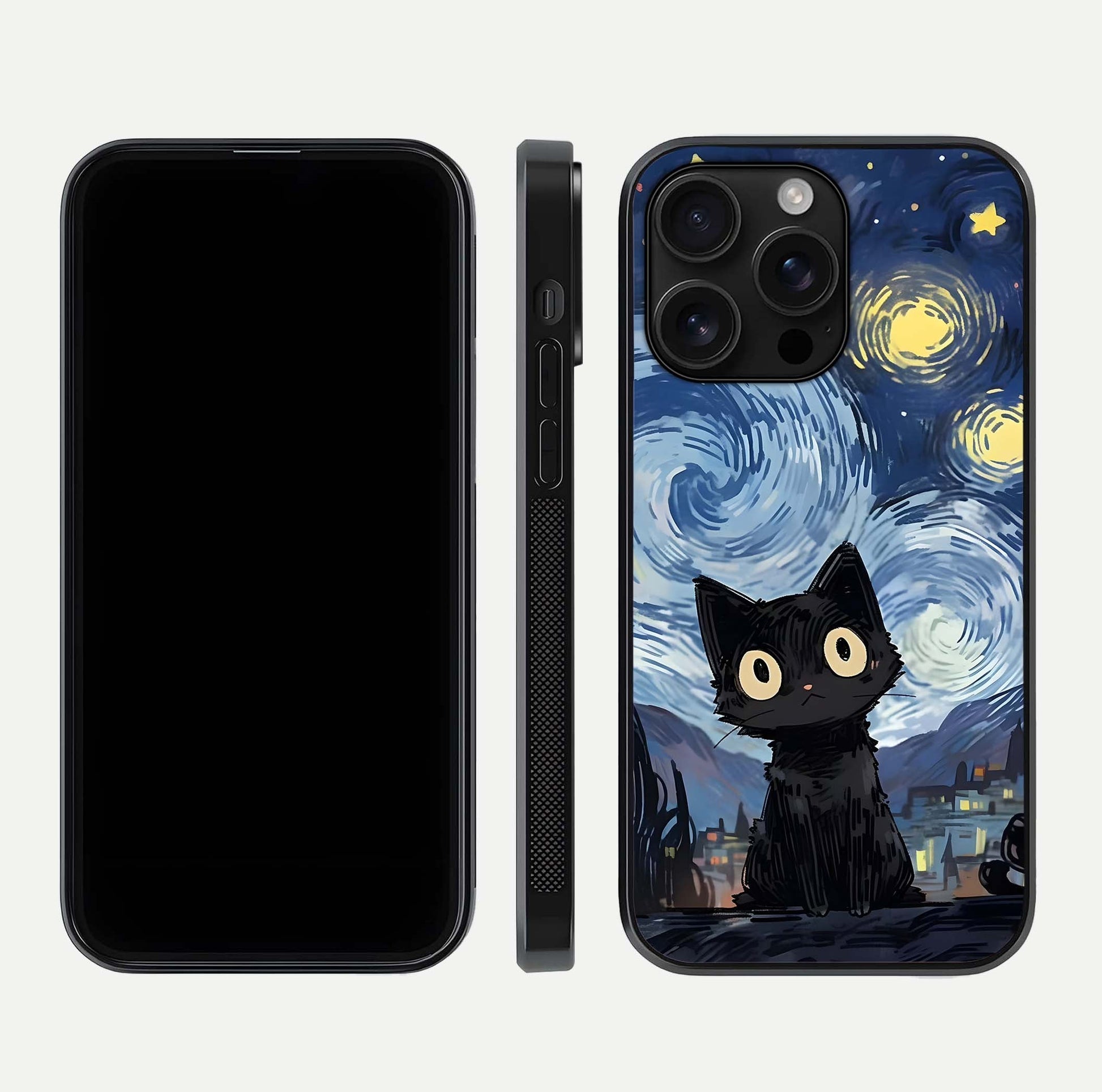 Van Gogh Cat Glass Case for iPhone 16 Pro Max front & back layout showing detailed art print and curved glass edges
