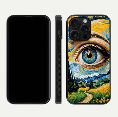 Van Gogh Eye Glass Case for iPhone 16 Pro Max front & back layout showing brushstroke detail and smooth finish