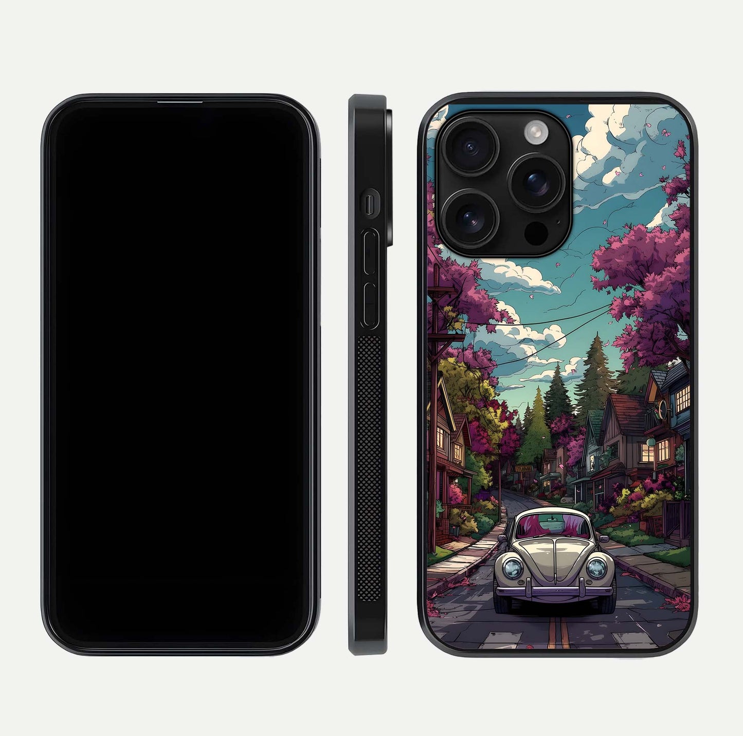 Vintage Street Drive Glass Case for iPhone 16 Pro Max front & back layout showing retro street scene and edges