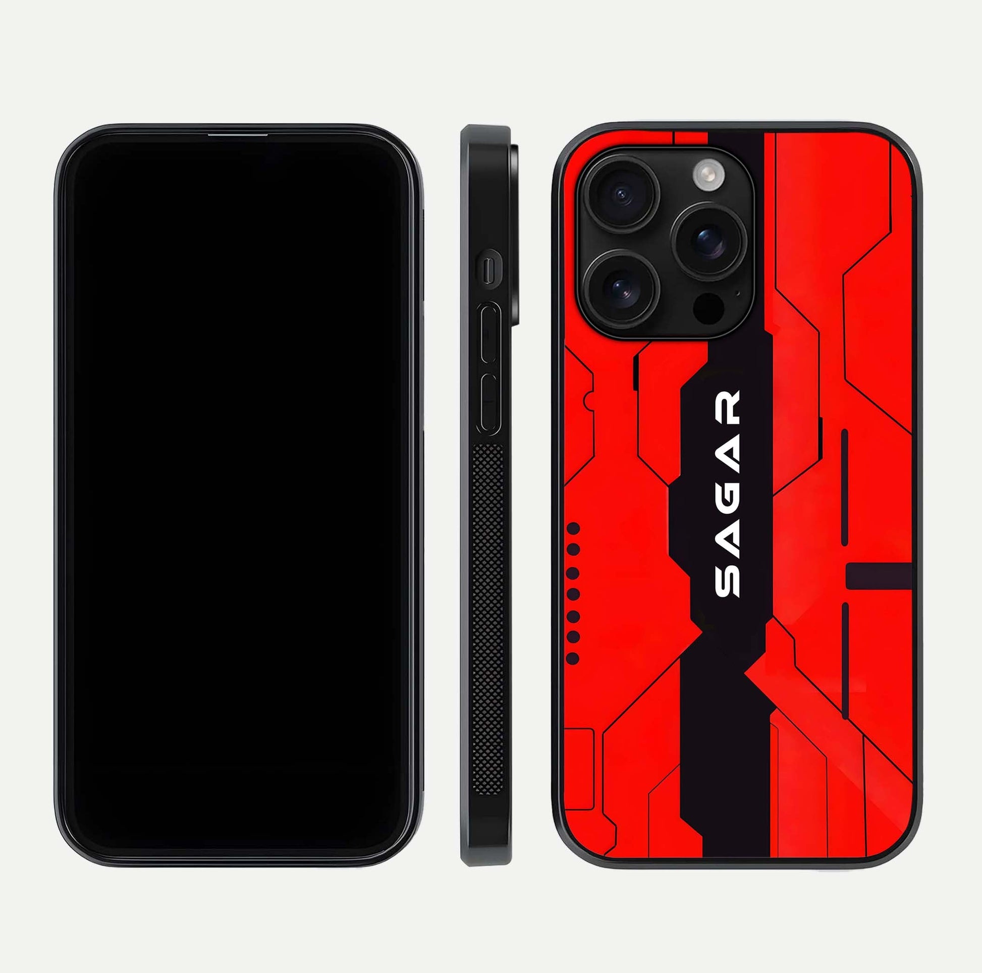 Voltage Rise CYBERPUNK Custom Name Glass Case for iPhone 16 Pro Max front & back layout showing futuristic tones and sleek edge