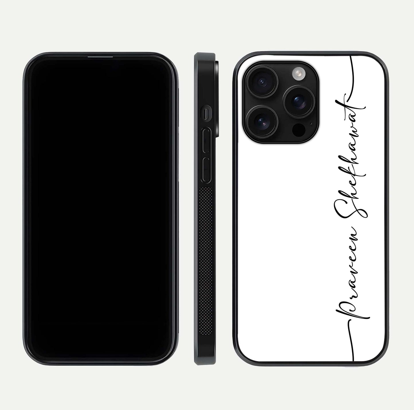 White Tune Custom Name Glass Case for iPhone 16 Pro Max front & back layout showing clean design and text placement