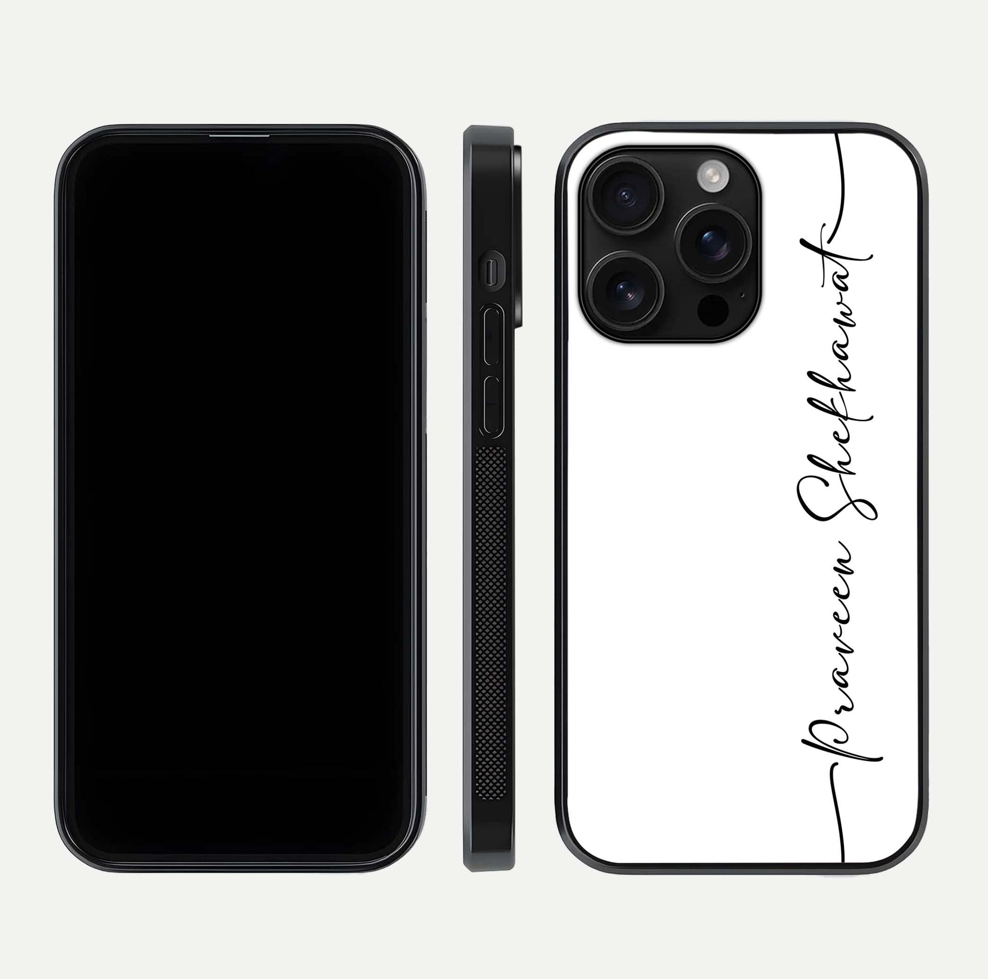 White Tune Custom Name Glass Case for iPhone 16 Pro Max front & back layout showing clean design and text placement