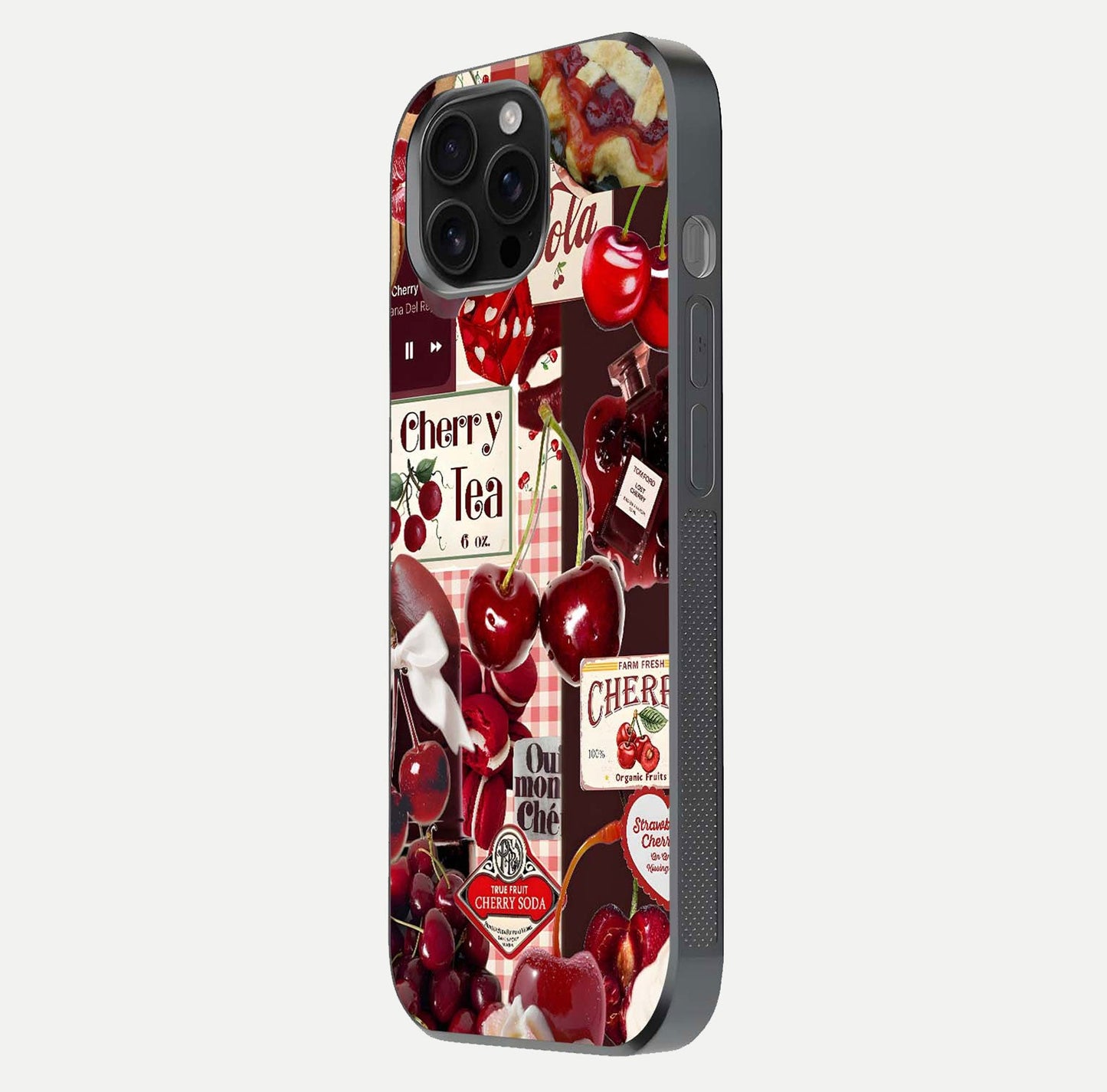 Aesthetic Cherry Tea Glass Case for iPhone 16 Pro Max side-angle image showing cherry collage print, camera module, and glossy finish reflection