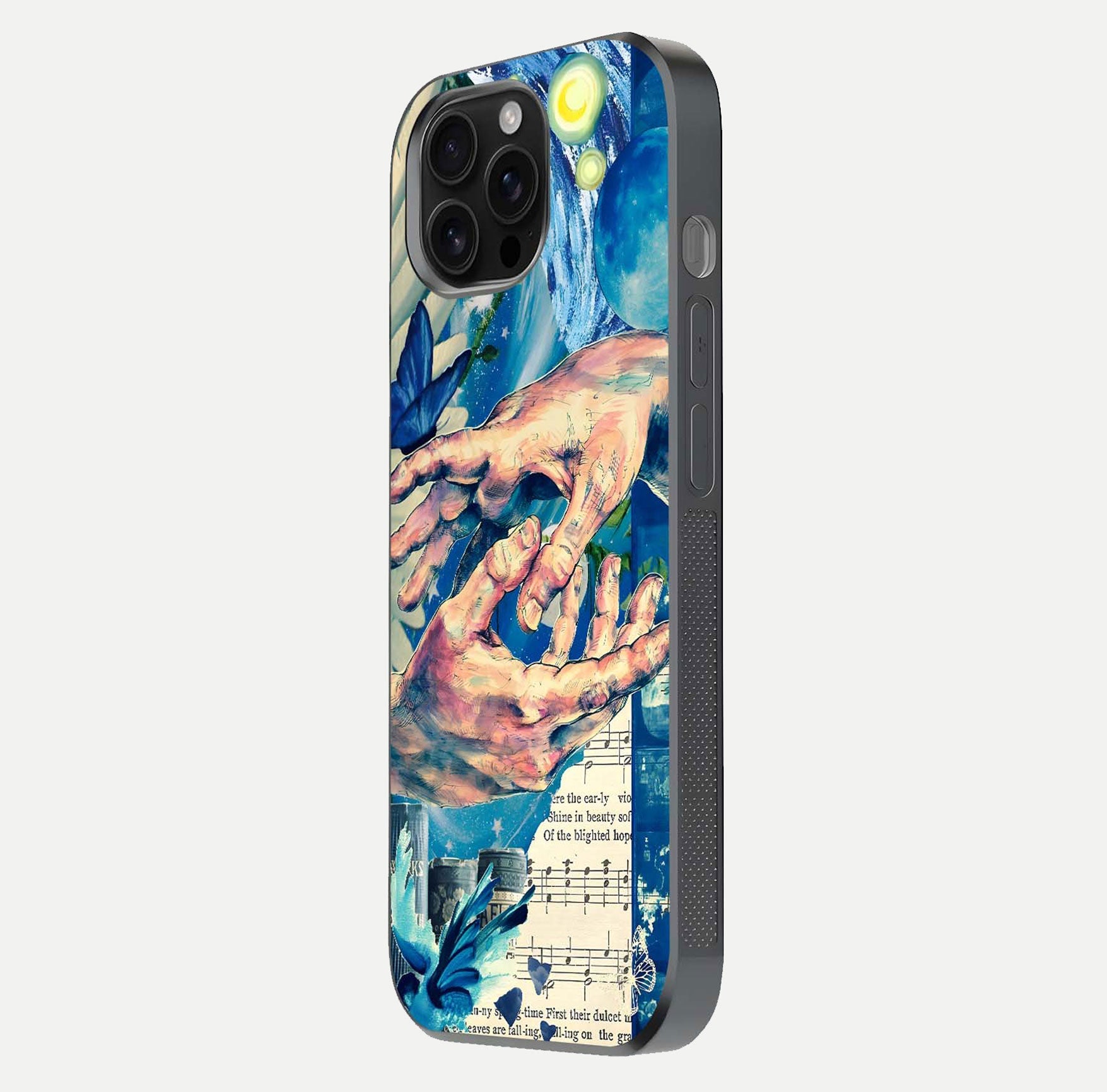 Aesthetic Divider Glass Case for iPhone 16 Pro Max side-angle image showing divider pattern print, camera module, and glossy finish reflection