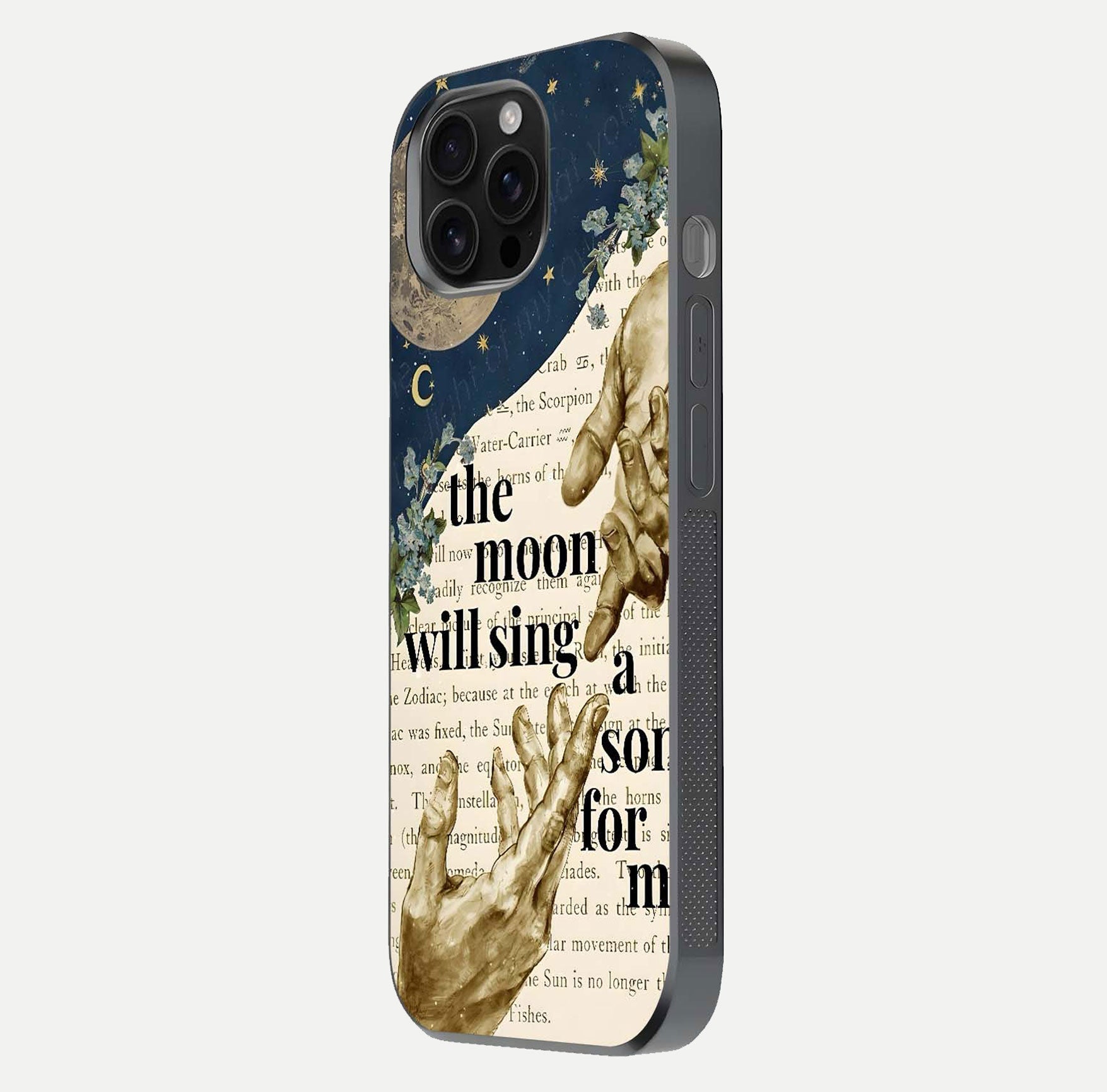 Aesthetic Divine Glass Case for iPhone 16 Pro Max side-angle image showing divine abstract design, camera module, and glossy finish reflection