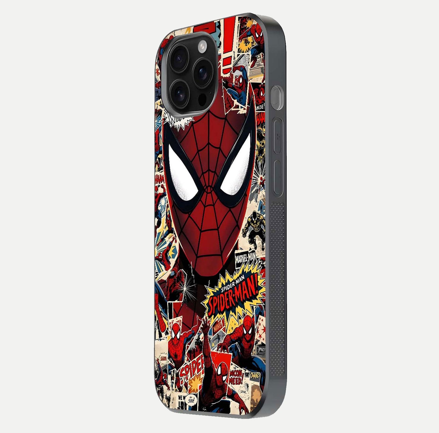 Aesthetic Wonder Spider Glass Case for iPhone 16 Pro Max side-angle shot showing red-blue tones and durable protective frame