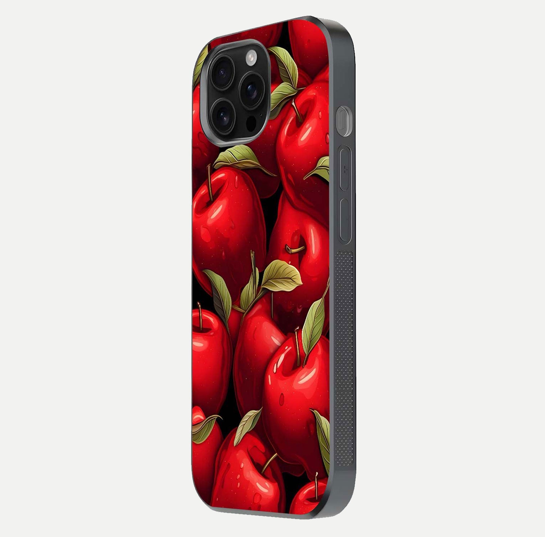 Apple Pattern Glass Case for iPhone 16 Pro Max side-angle image showcasing minimalist apple print and gloss reflection