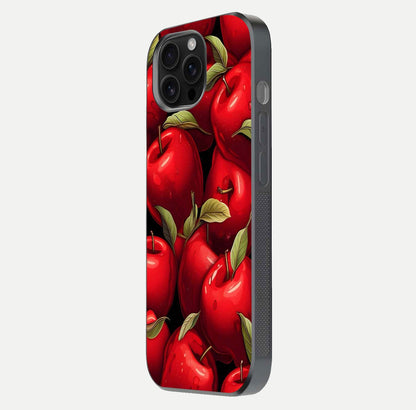 Apple Pattern Glass Case for iPhone 16 Pro Max side-angle image showcasing minimalist apple print and gloss reflection
