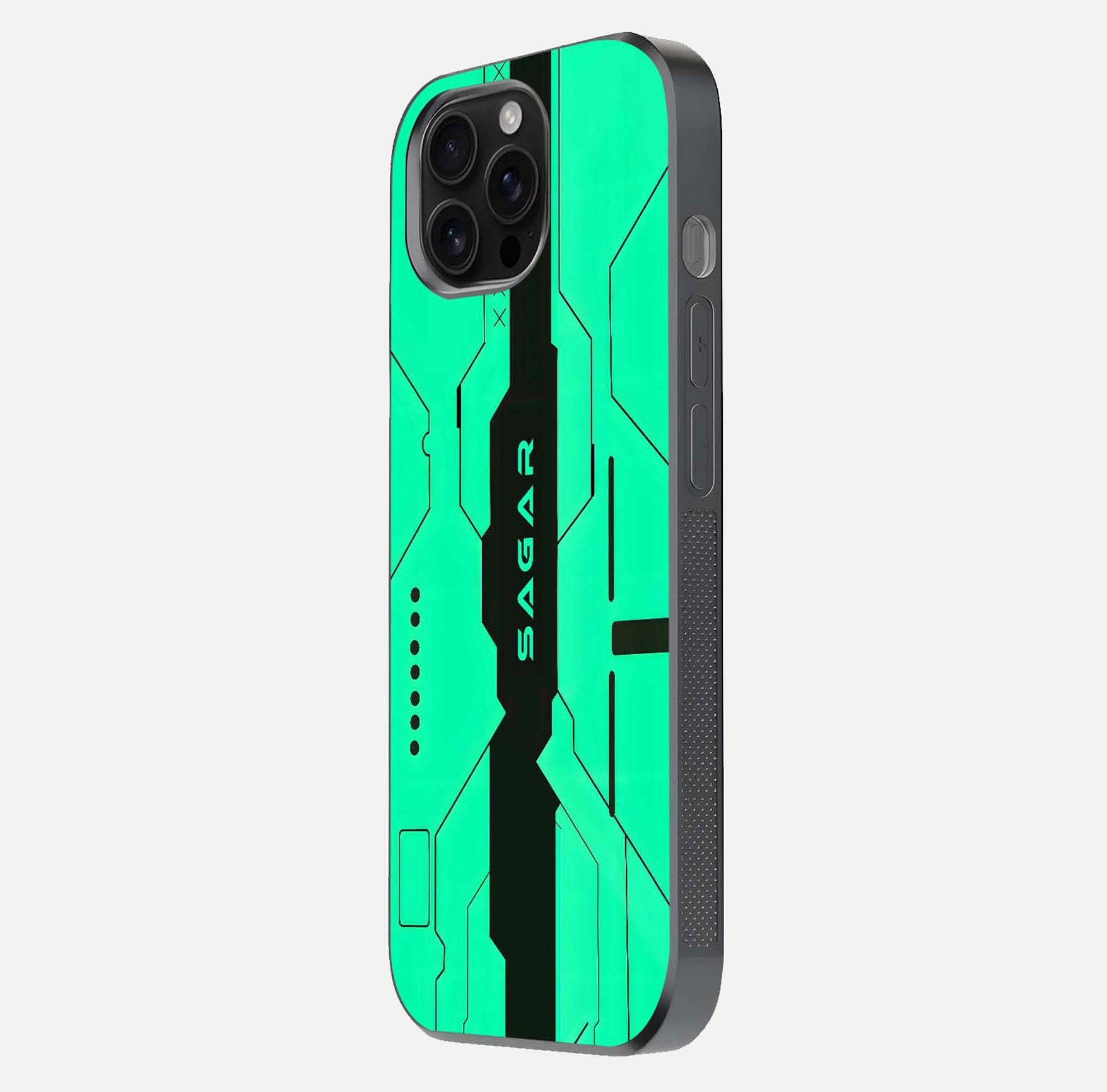 Aqua Tech CYBERPUNK Custom Name Glass Case for iPhone 16 Pro Max side-angle image with glowing edges and glossy surface