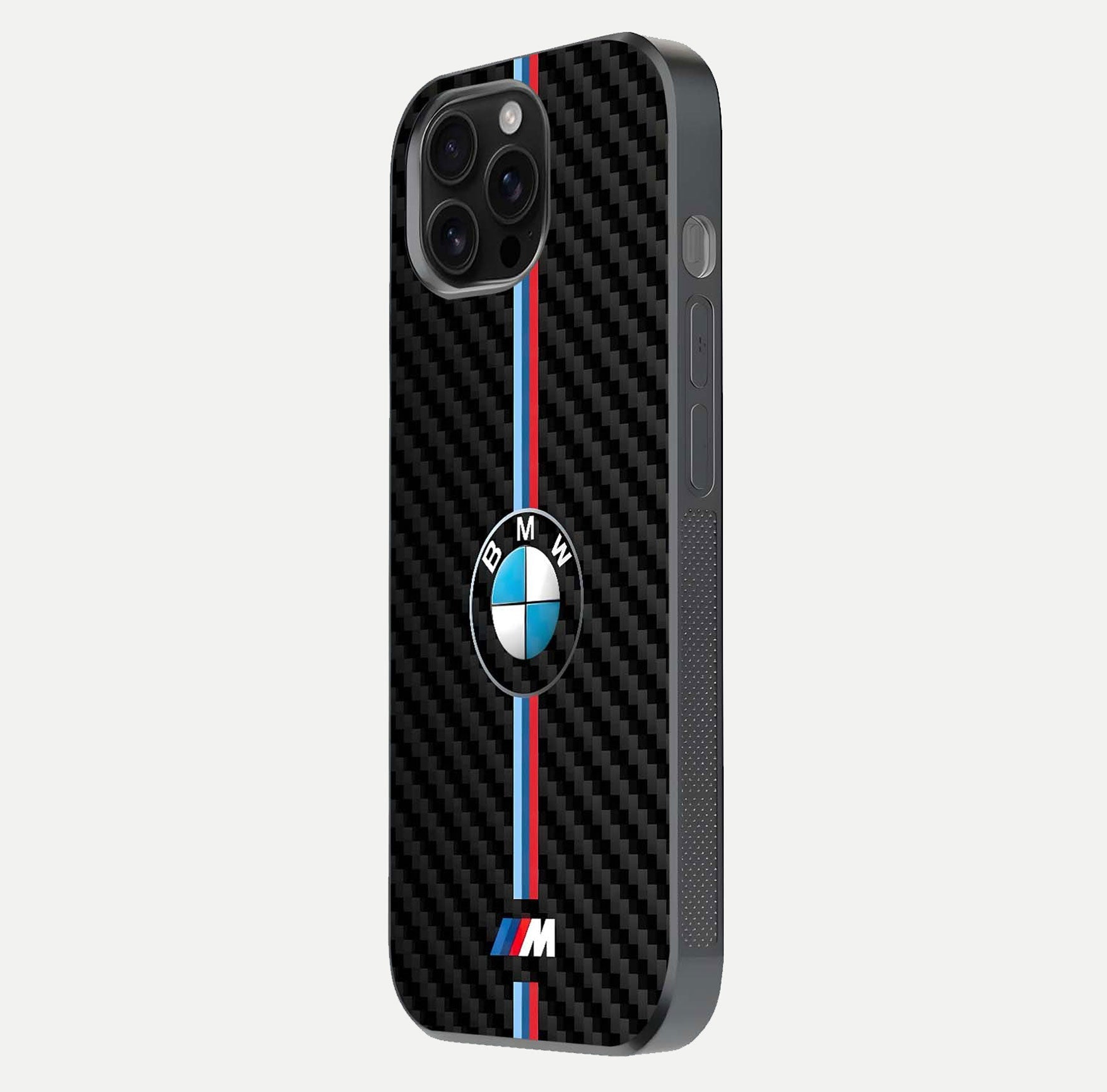 BMW Pattern Glass Case for iPhone 16 Pro Max side-angle image showing edge finish and luxury car-inspired shine