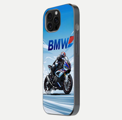 BMW Power Drift Glass Case for iPhone 16 Pro Max side-angle image emphasizing smooth finish and detailed design