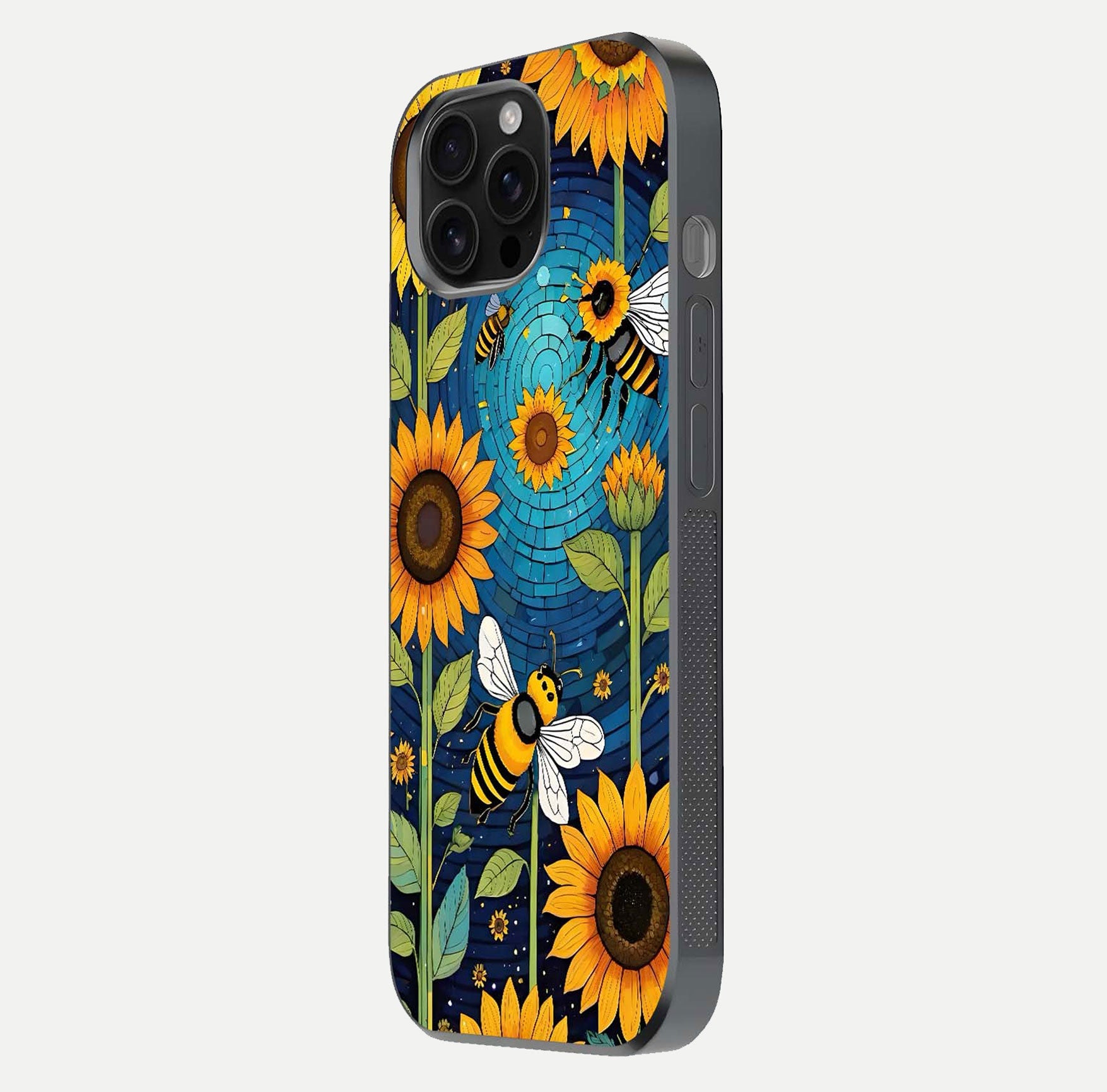 Bees & Sunflowers Glass Case for iPhone 16 Pro Max side-angle image showing bee pattern alignment and shiny protective surface