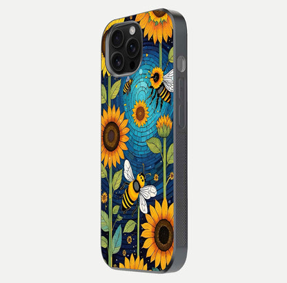 Bees & Sunflowers Glass Case for iPhone 16 Pro Max side-angle image showing bee pattern alignment and shiny protective surface