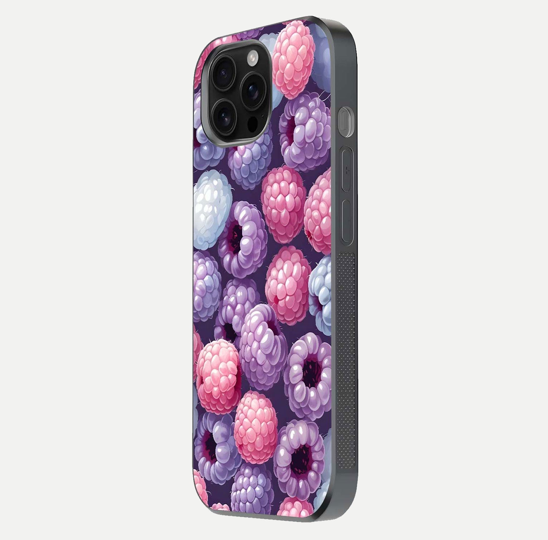 Berry Candy Pop Glass Case for iPhone 16 Pro Max side-angle image with bright color tones and smooth reflection
