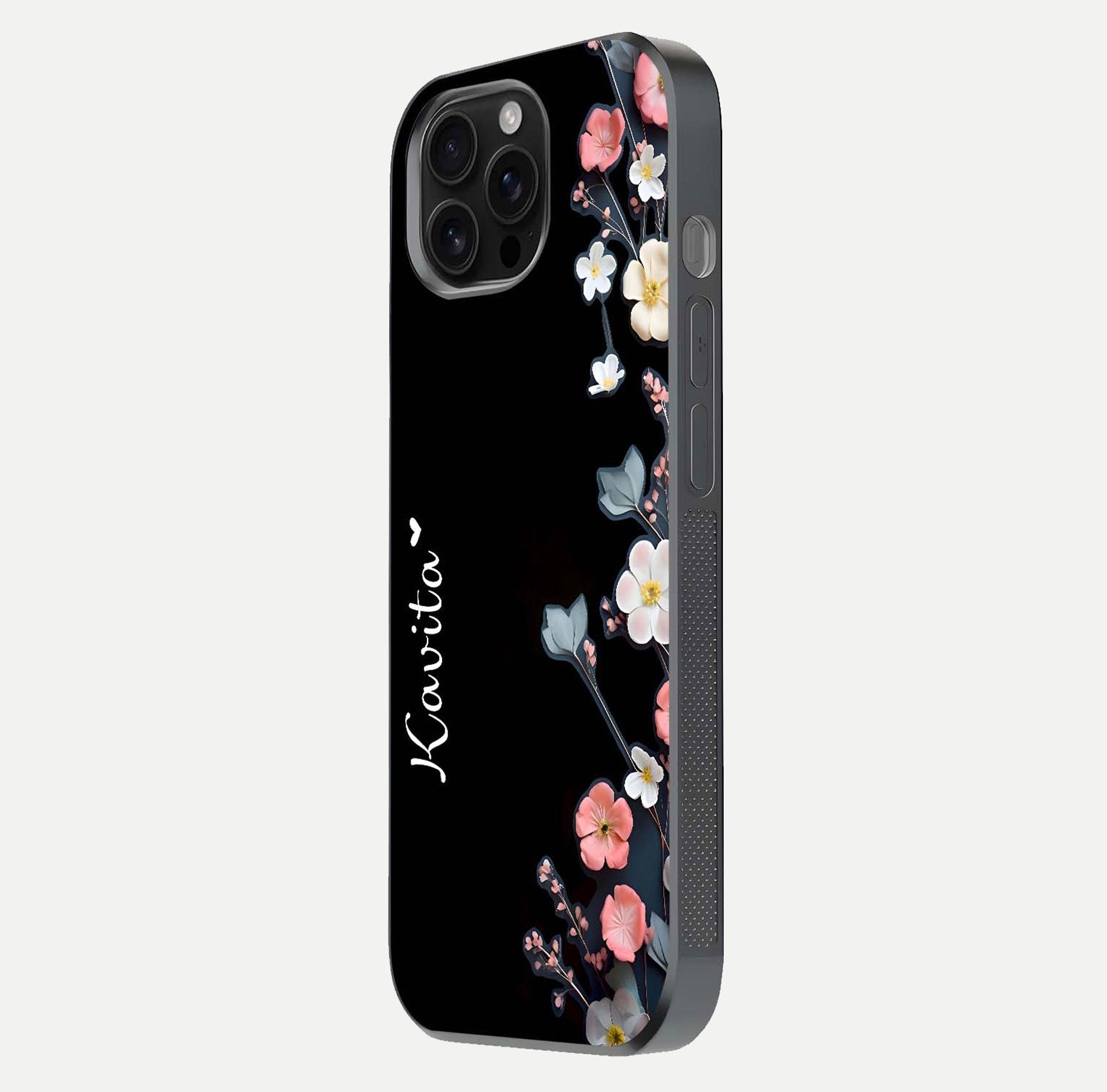 Black Elegance Floral Custom Name Glass Case for iPhone 16 Pro Max side-angle showing black gloss depth and delicate print texture