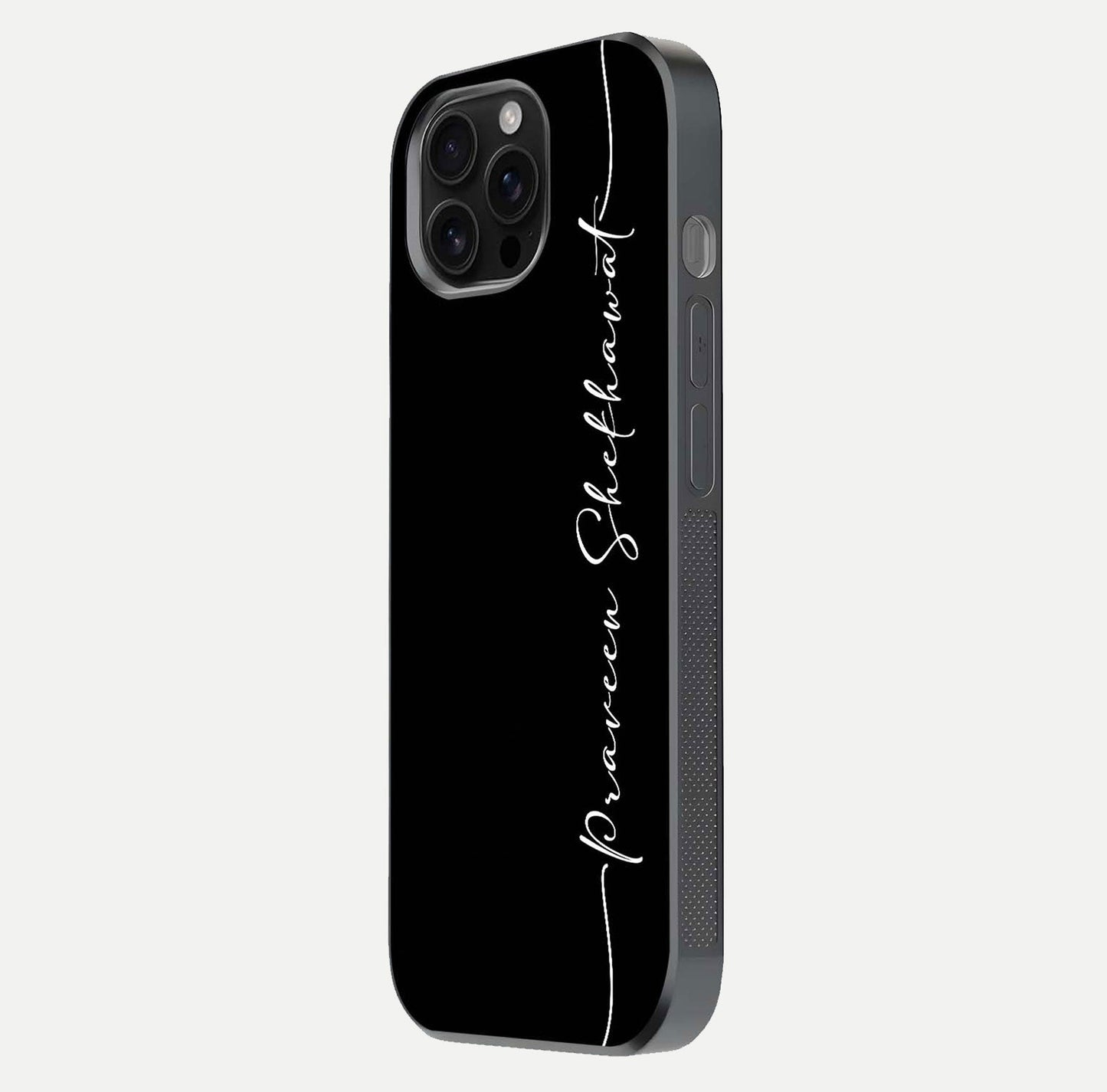 Black Tune Custom Name Glass Case for iPhone 16 Pro Max side-angle photo showing mirror-like surface and slim profile