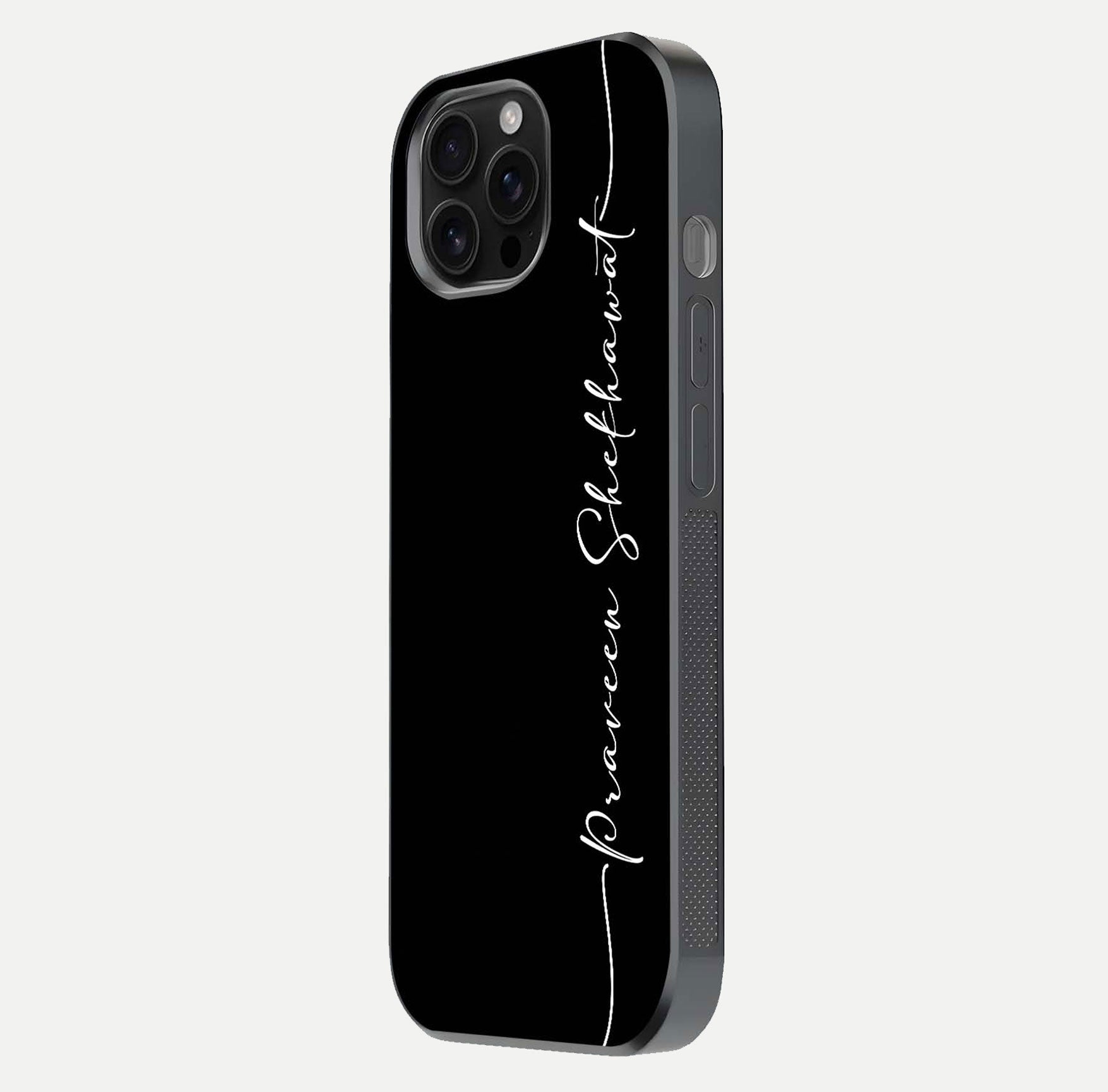 Black Tune Custom Name Glass Case for iPhone 16 Pro Max side-angle photo showing mirror-like surface and slim profile
