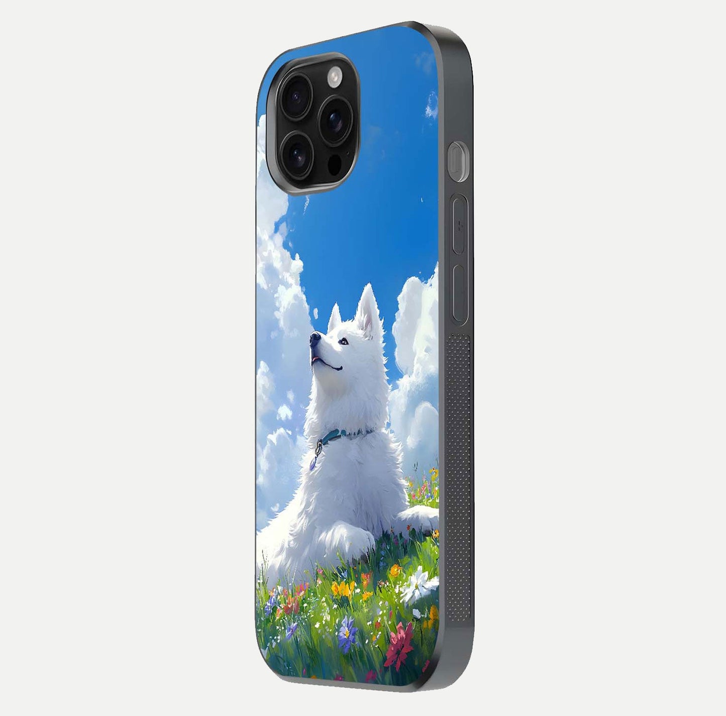 Blissful Cloud Pup Glass Case for iPhone 16 Pro Max side-angle shot displaying puppy print and glossy texture