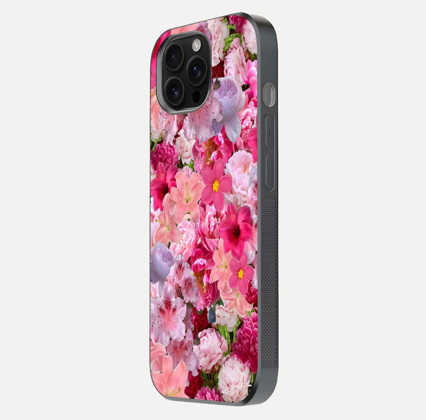 Bloom Crush Fantasy Glass Case for iPhone 16 Pro Max side-angle shot with fantasy bloom art and gloss surface