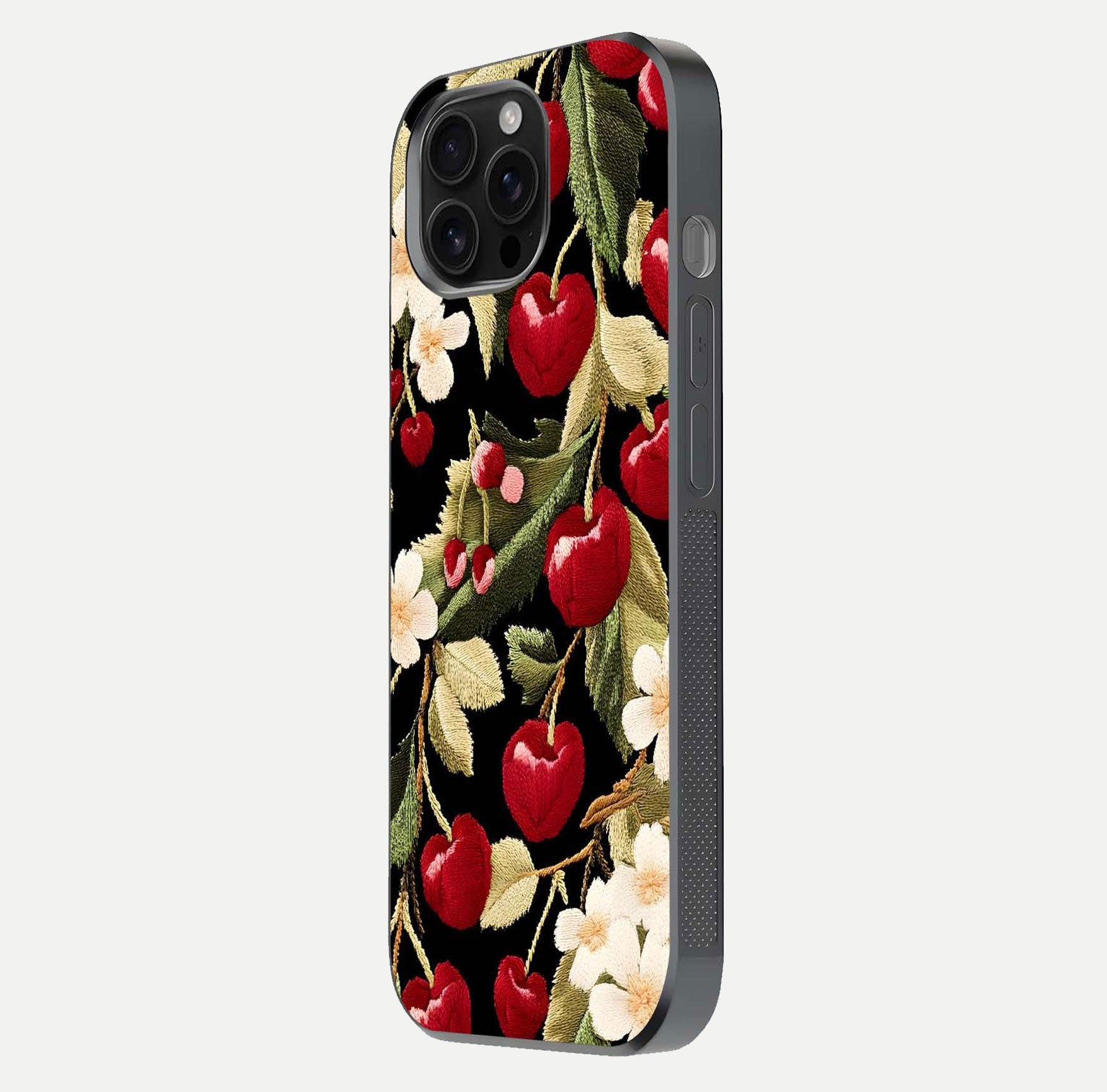 Bloom Thread Art Glass Case for iPhone 16 Pro Max side-angle image showing texture depth and gloss reflection