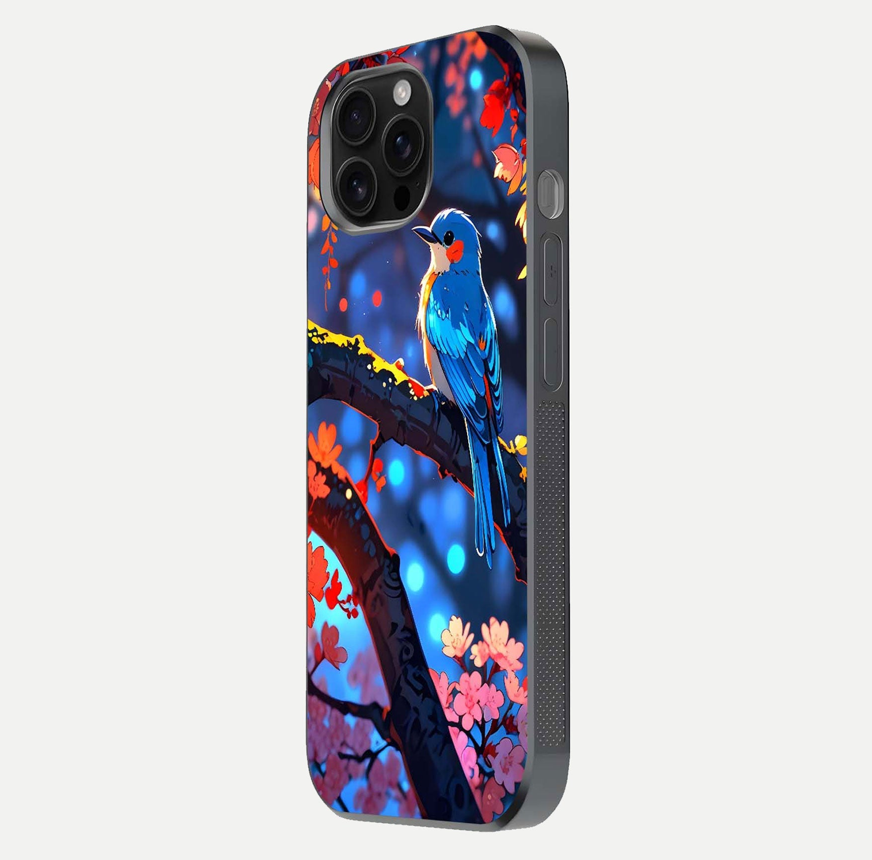Blooming Spendor Bird Glass Case for iPhone 16 Pro Max side-angle photo showing floral wings and reflection finish