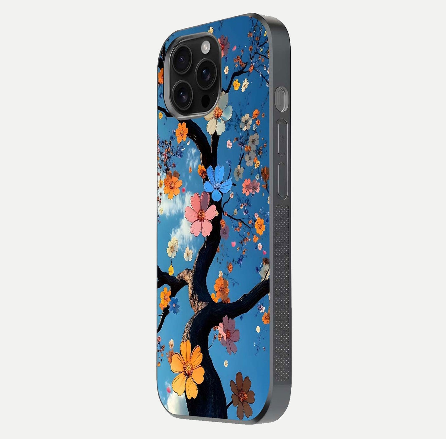 Blossom Dream Sky Glass Case for iPhone 16 Pro Max side-angle photo showing flower details, edge curve, and reflection shine