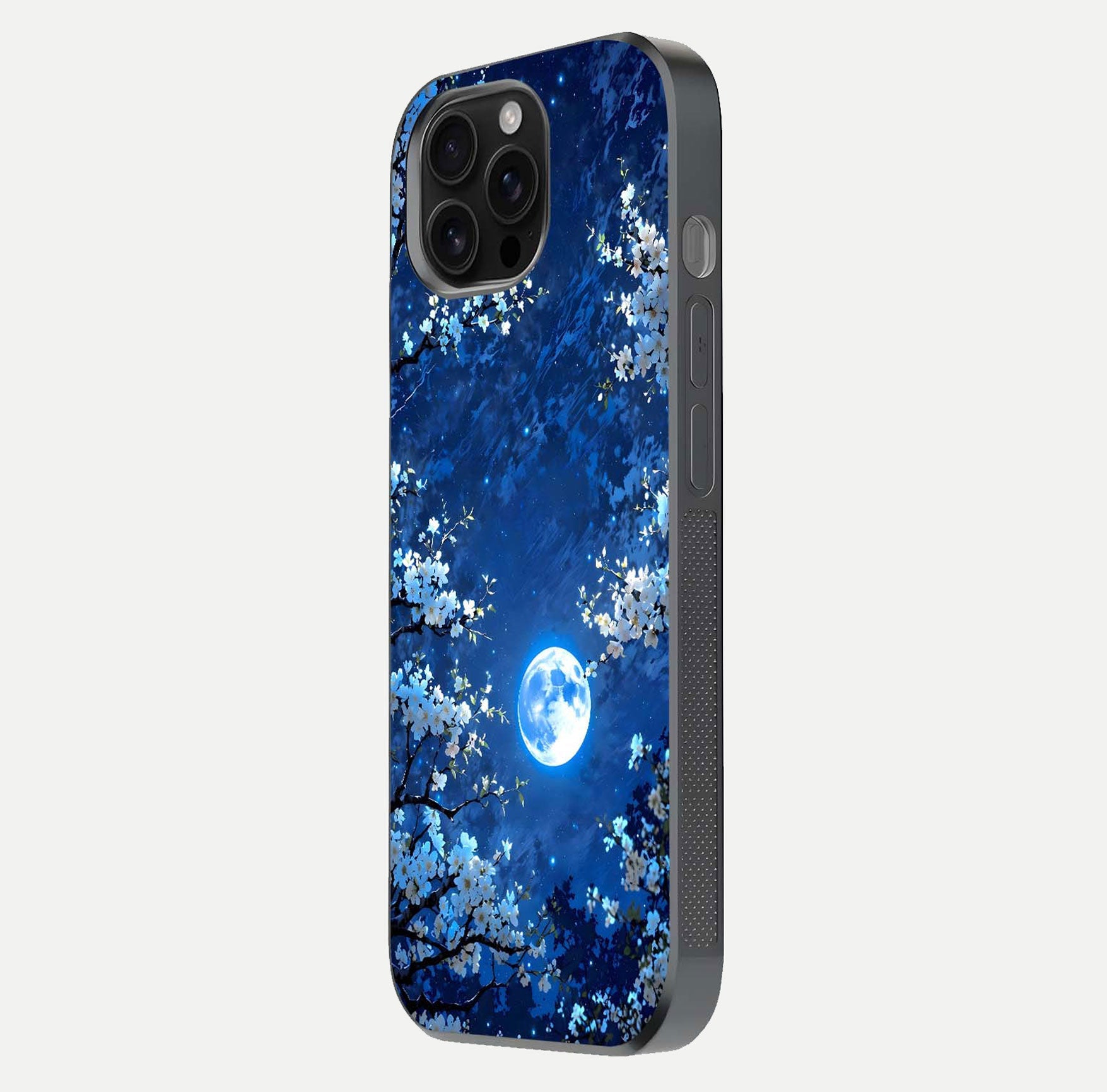 Blossom Moonlight Sky Glass Case for iPhone 16 Pro Max side-angle view emphasizing moonlight tones and protective edge