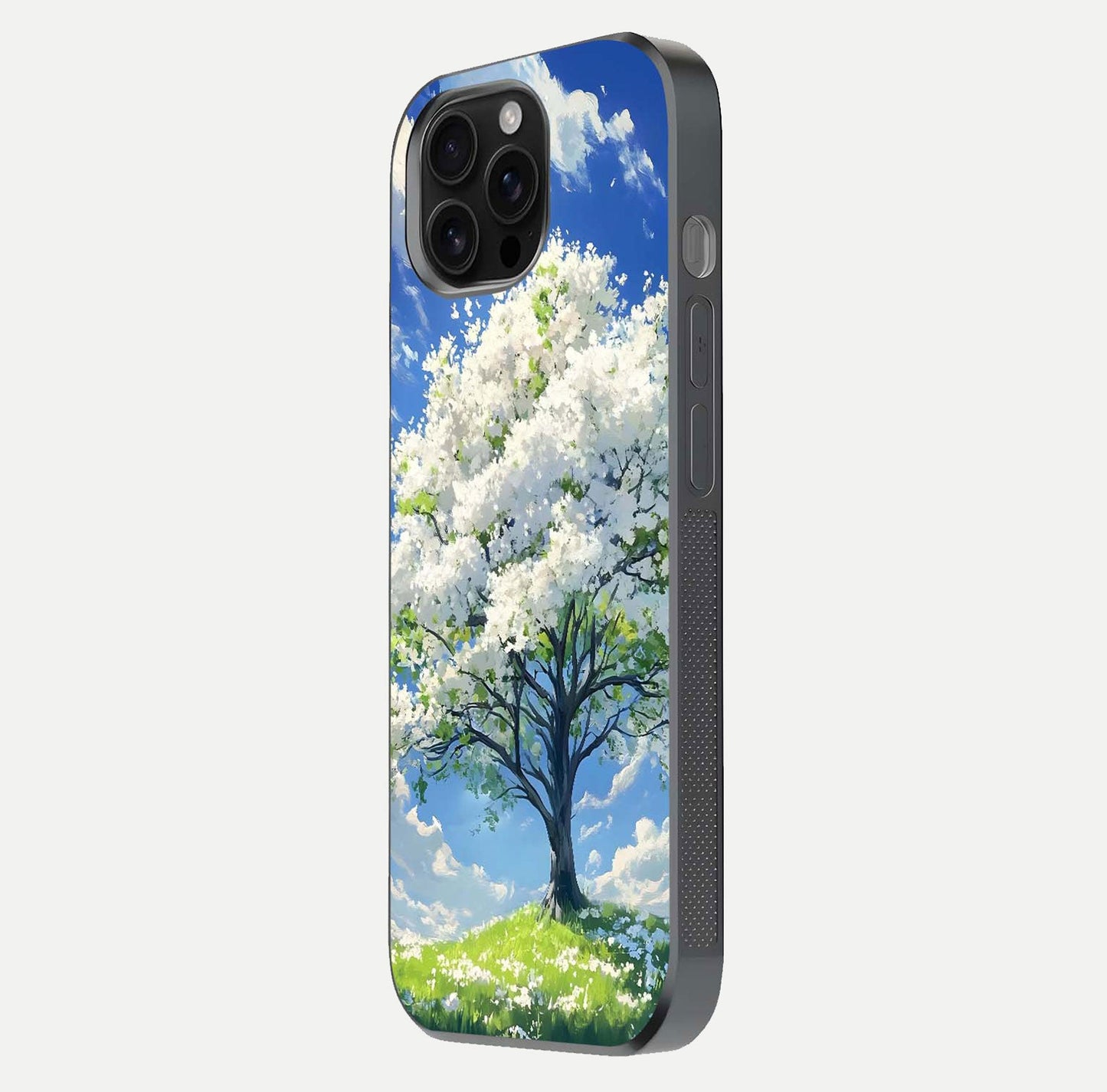Blossom Sky Serenity Glass Case for iPhone 16 Pro Max side-angle image showing elegant edge flow and light reflection